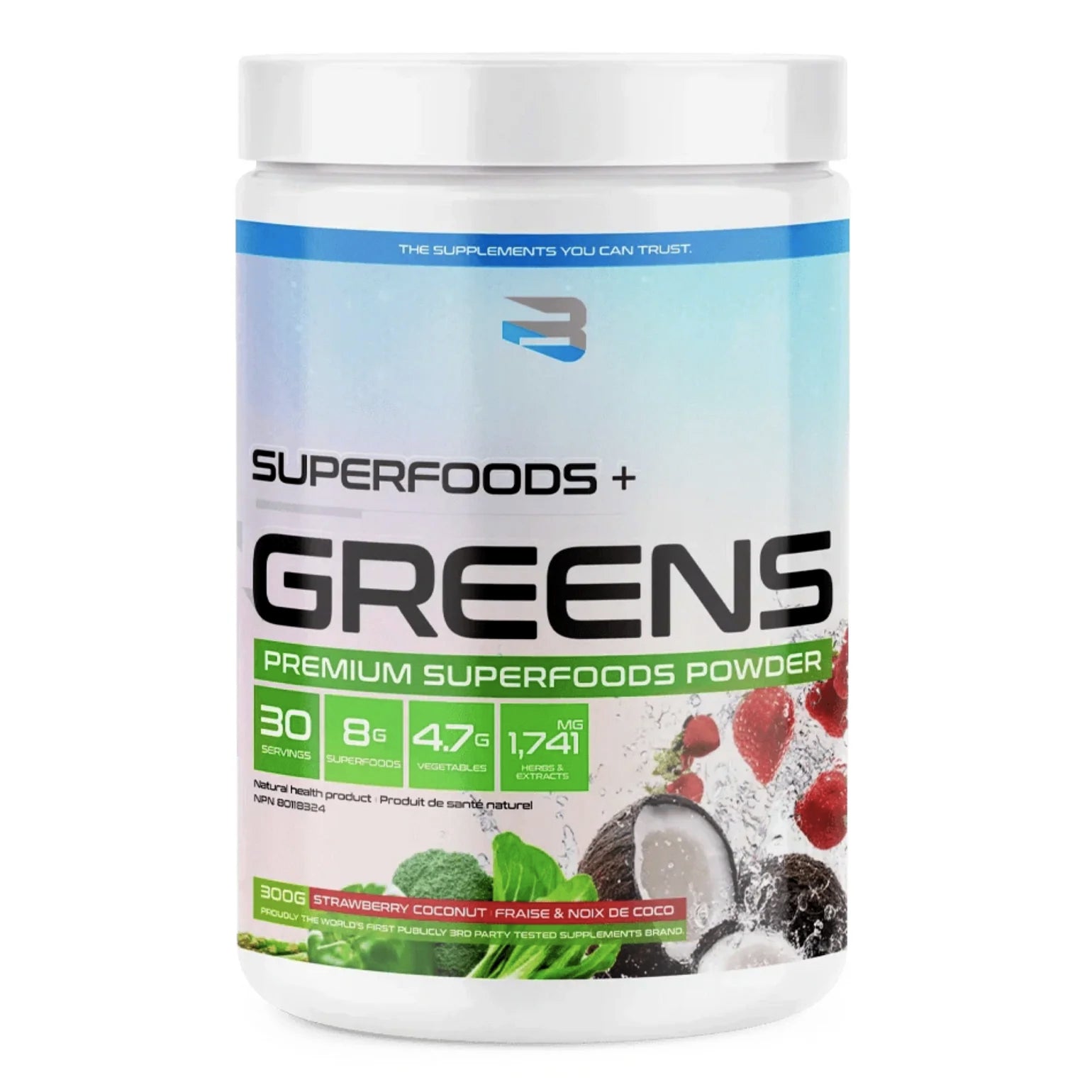 Superfoods + Greens - Superaliments verts -Believe Supplements - 30 portions - Fraise et Noix de Coco
